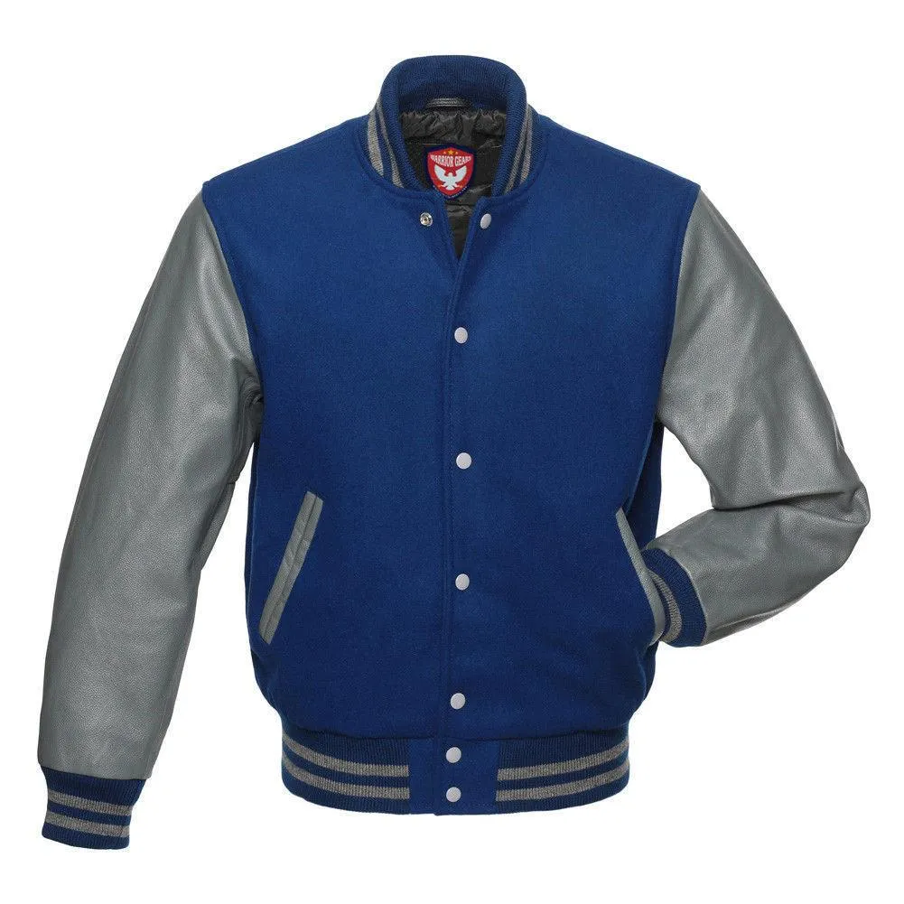 Warrior Gears Classic Hybrid Varsity Jacket University Letterman Bomber Jacket, Pure Wool & Original Cowhide Leather Jacket, Royal Blue Wool Body & Grey Leather Sleeves