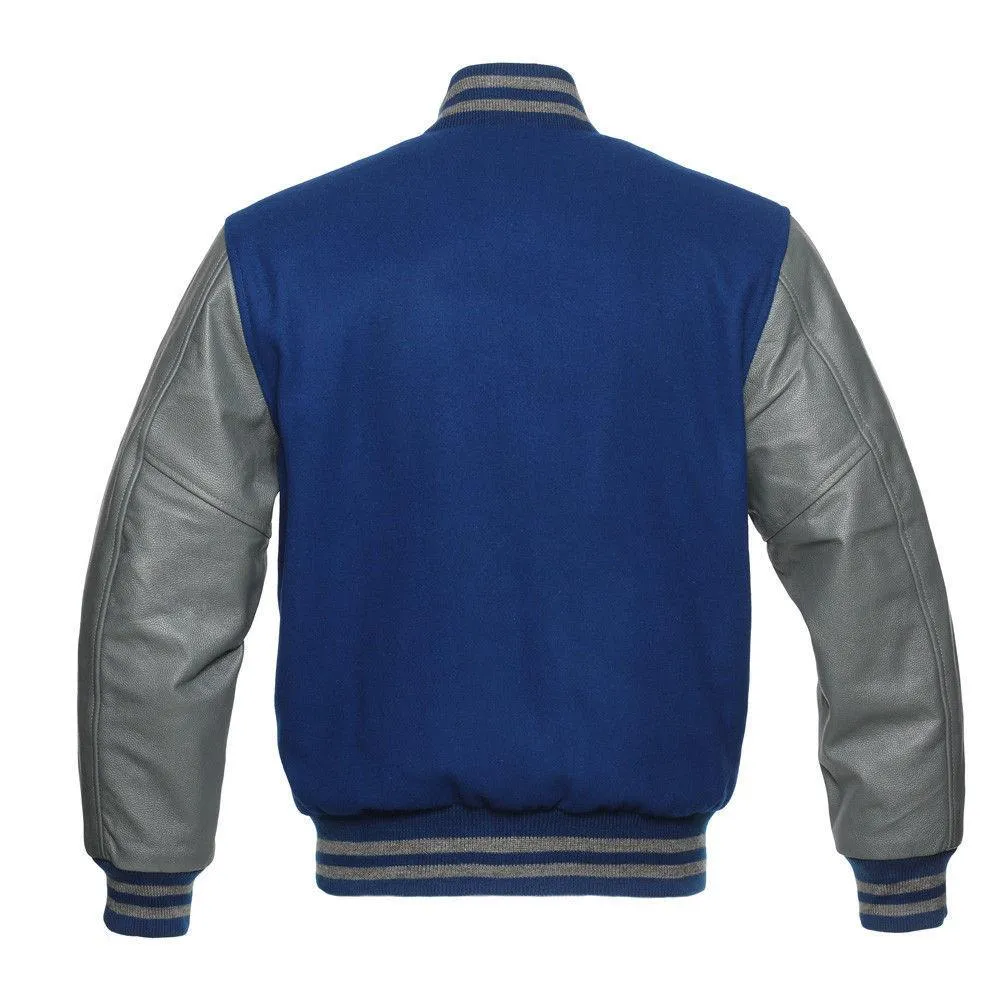 Warrior Gears Classic Hybrid Varsity Jacket University Letterman Bomber Jacket, Pure Wool & Original Cowhide Leather Jacket, Royal Blue Wool Body & Grey Leather Sleeves