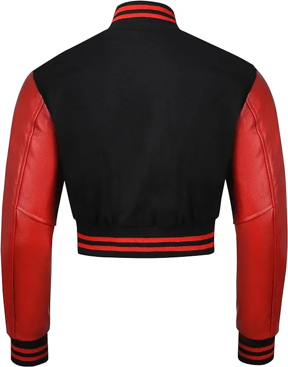 Warrior Gears Cropped Varsity Jacket Women - Premium Quality Leather and Wool Baseball Letterman Jacket for Women's, Long Sleeve - Black Wool Body and Red Leather Sleeves