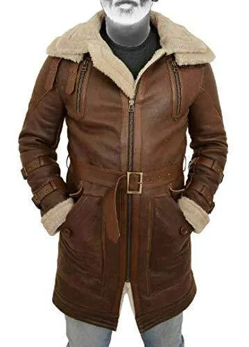 Warrior Gears Mens Genuine Leather Duffle Coat Shearling Parka Brown Long 100% Genuine Leather Shearling Jacket Coat