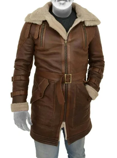 Warrior Gears Mens Genuine Leather Duffle Coat Shearling Parka Brown Long 100% Genuine Leather Shearling Jacket Coat