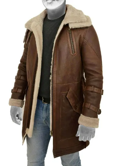 Warrior Gears Mens Genuine Leather Duffle Coat Shearling Parka Brown Long 100% Genuine Leather Shearling Jacket Coat