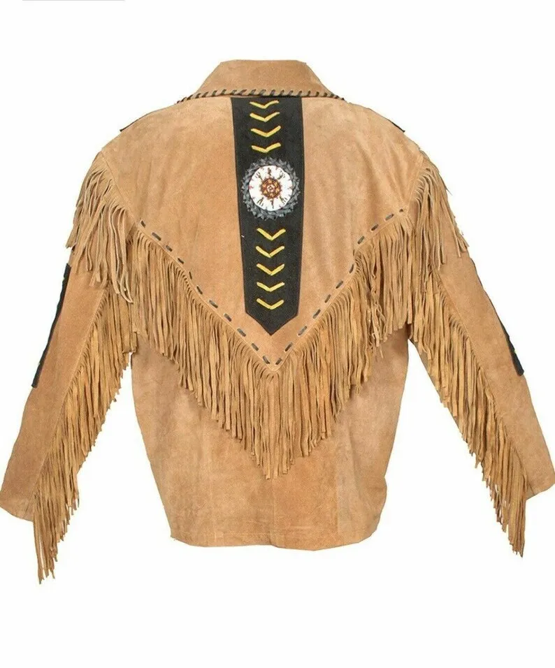 Western Jacket Men Brown & Black Suede Vintage Traditional Western Cowboy Leather Jacket Fringe Hand Made Red Indian Western Wear