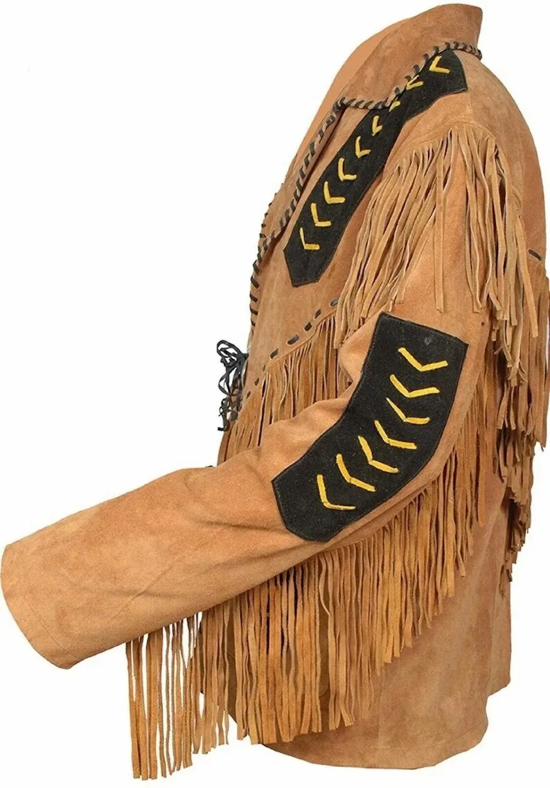 Western Jacket Men Brown & Black Suede Vintage Traditional Western Cowboy Leather Jacket Fringe Hand Made Red Indian Western Wear