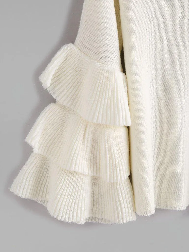 White Layered Ruffle Sleeve Pullover Sweater