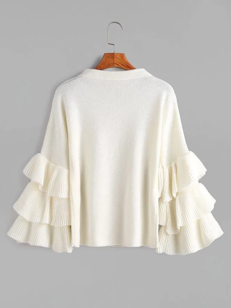 White Layered Ruffle Sleeve Pullover Sweater