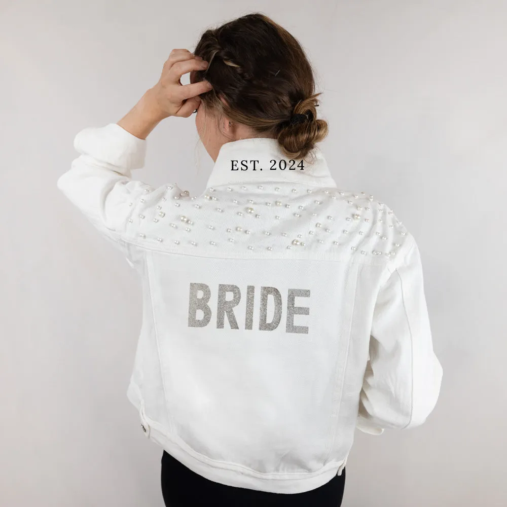 (White Pearl) Bride Rhinestone Patch Denim Jacket