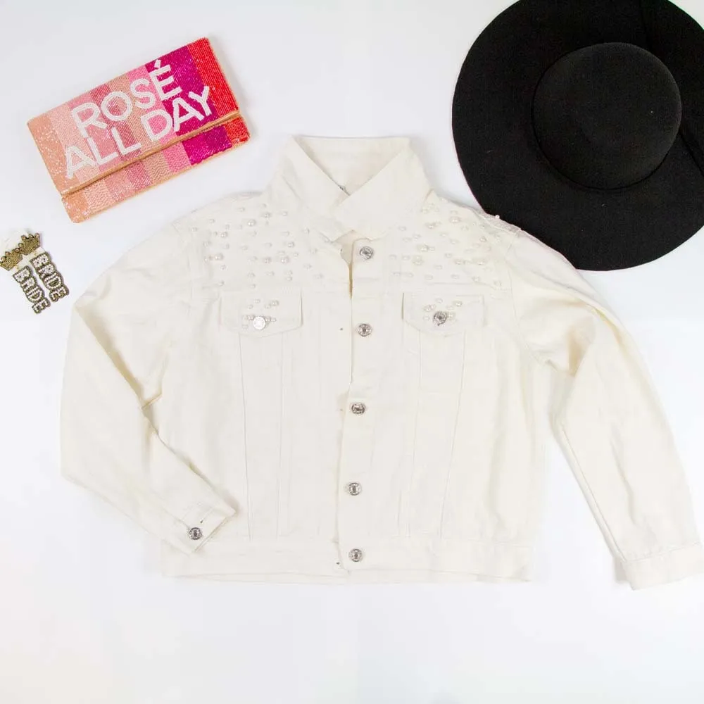 (White Pearl) Bride Rhinestone Patch Denim Jacket