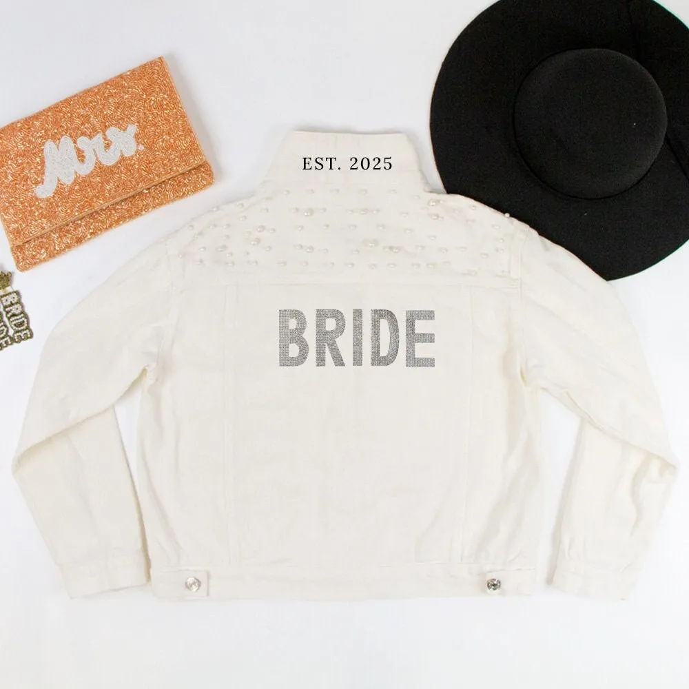 (White Pearl) Bride Rhinestone Patch Denim Jacket