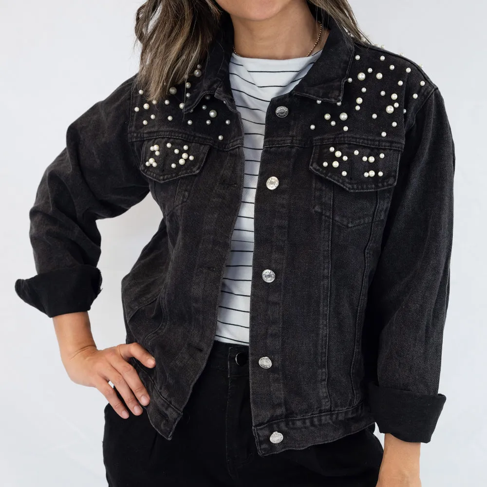 (White Pearl) Bride Rhinestone Patch Denim Jacket