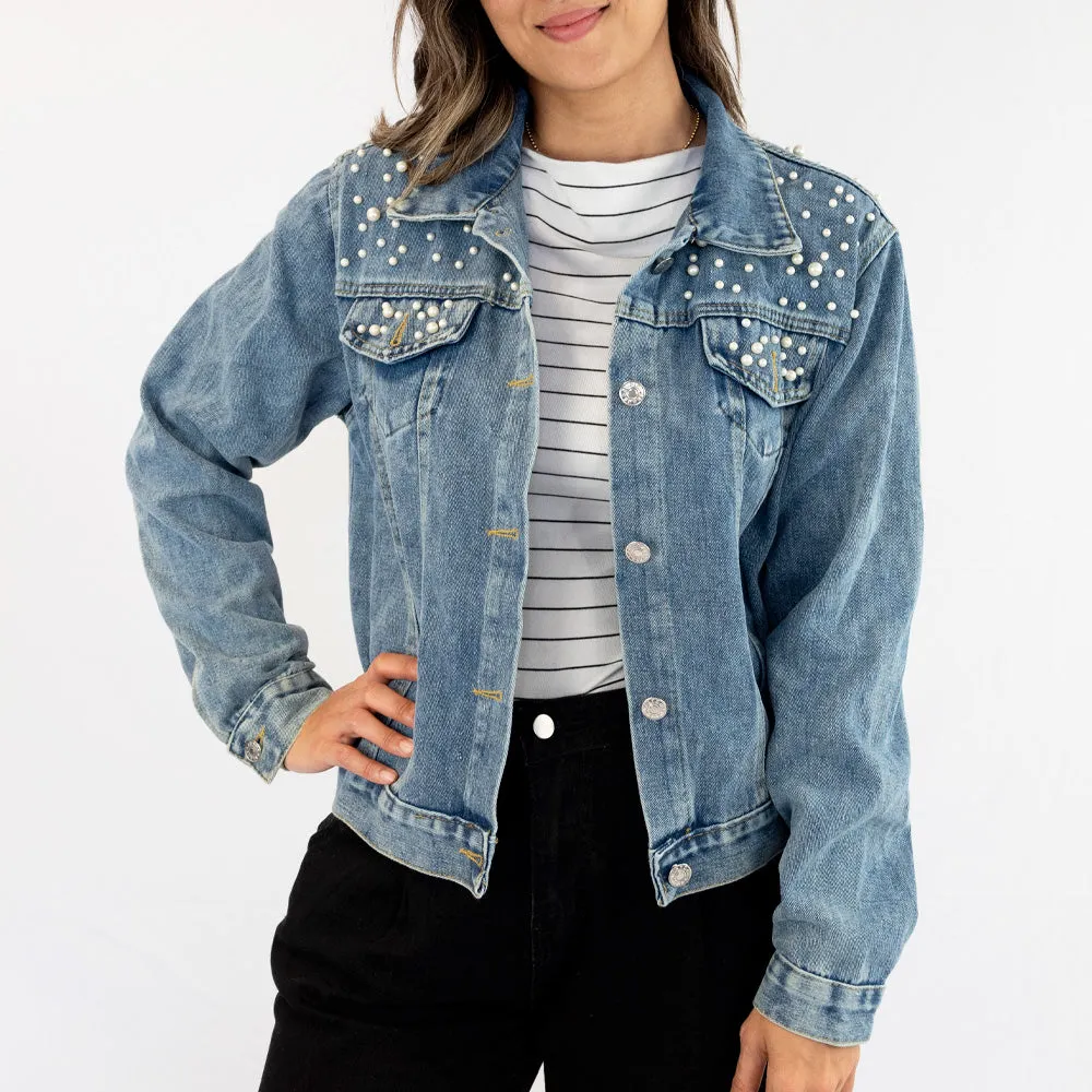 (White Pearl) Bride Rhinestone Patch Denim Jacket