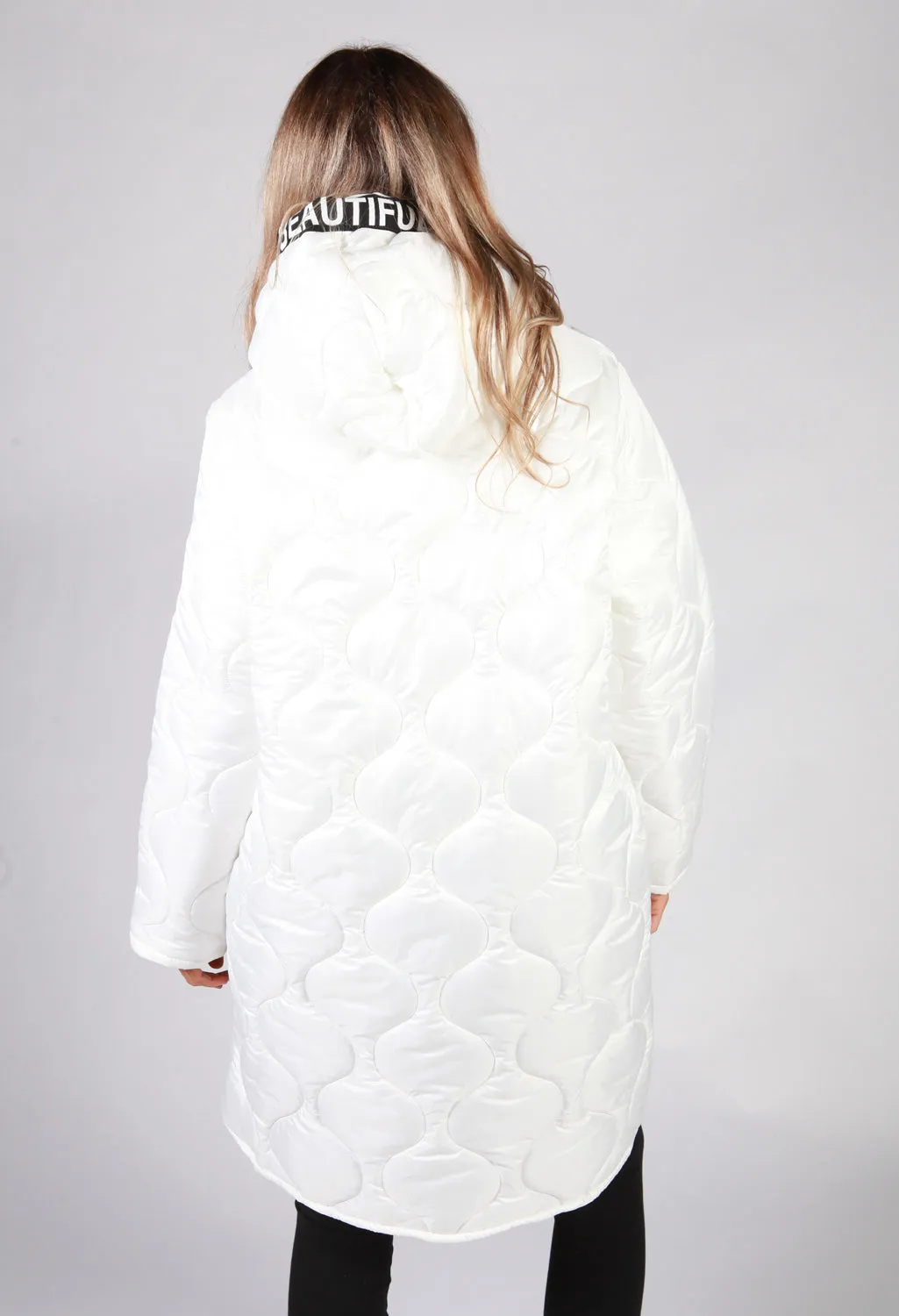 White Quilted Coat with Red Toggle