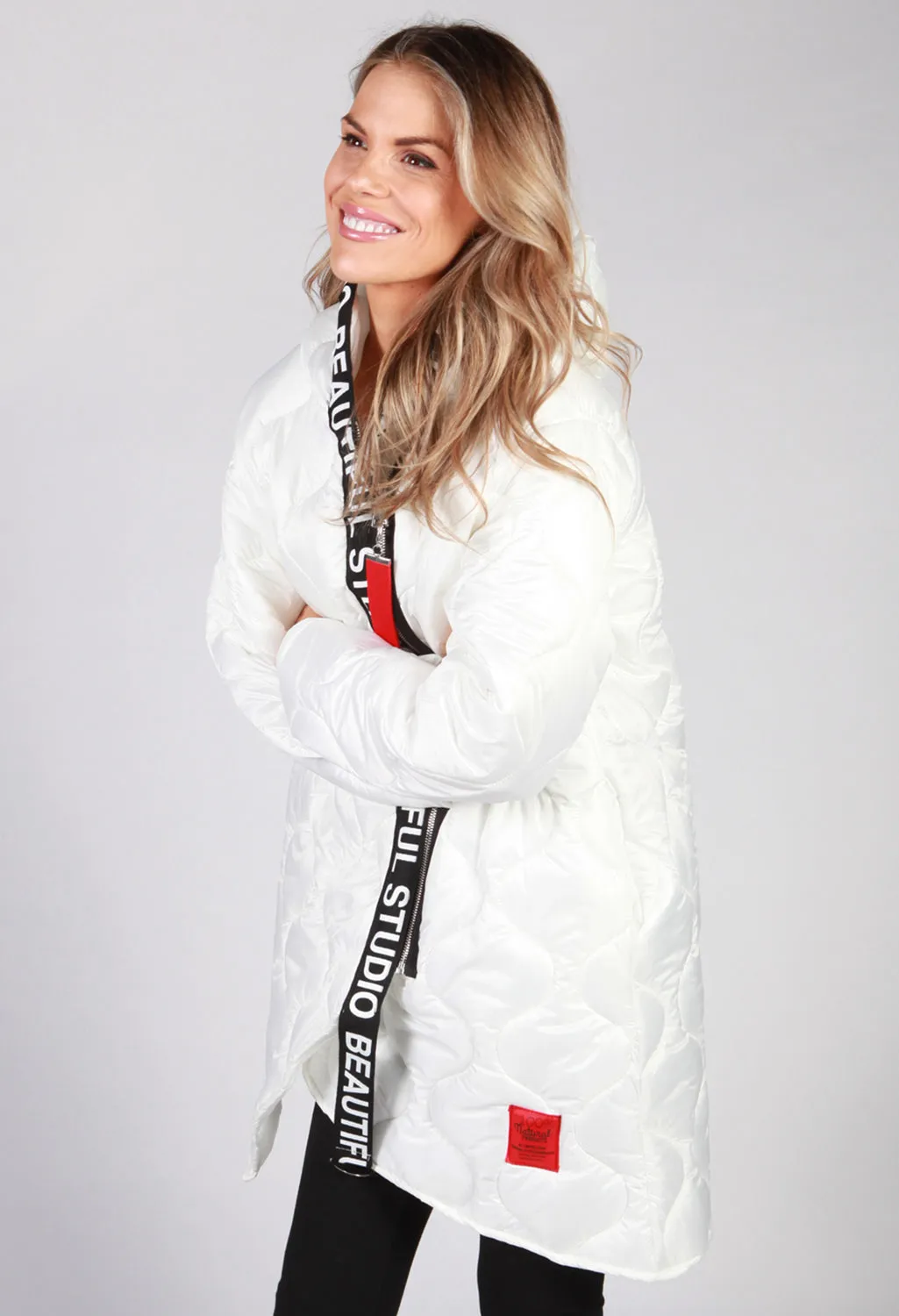 White Quilted Coat with Red Toggle