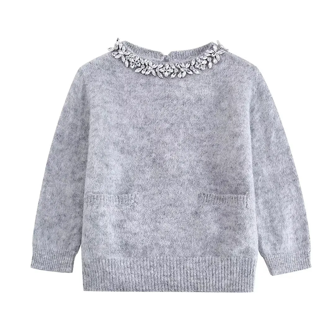 Winter Women Clothing Rhinestone Collar Sweater Knitwear