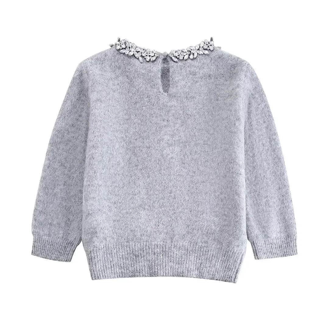 Winter Women Clothing Rhinestone Collar Sweater Knitwear