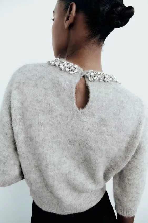 Winter Women Clothing Rhinestone Collar Sweater Knitwear