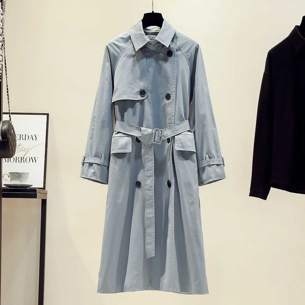 Wjczt Brand new Fashion 2022 Fall /Autumn Casual Double breasted Simple Classic Long Trench coat with belt Chic Female windbreaker