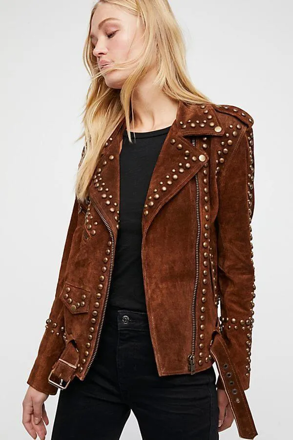 Woman Handmade Brown American Western Were Golden Studded Suede Leather Jacket