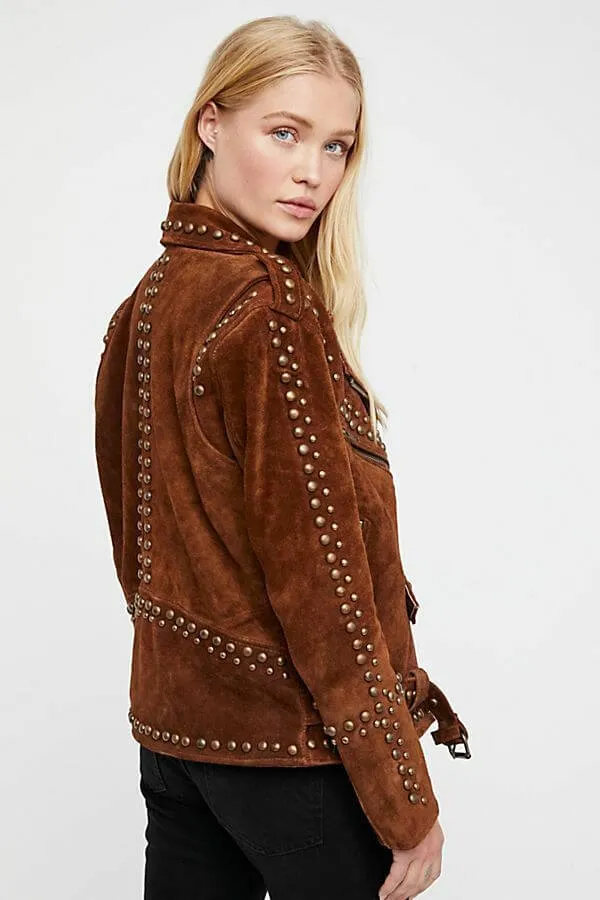 Woman Handmade Brown American Western Were Golden Studded Suede Leather Jacket