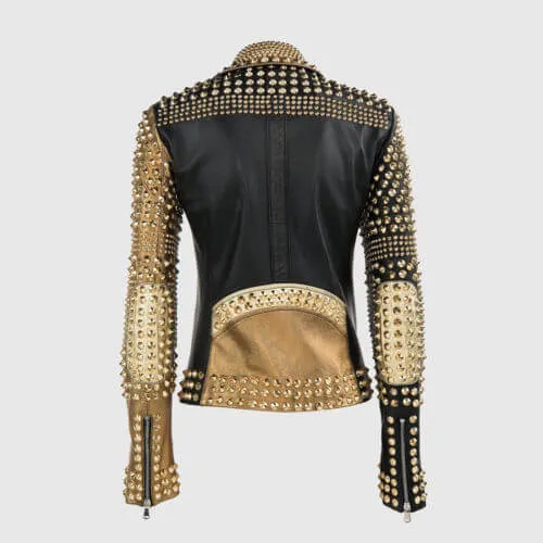 Woman Punk Brando Full Golden Studded Black Biker Leather Jacket