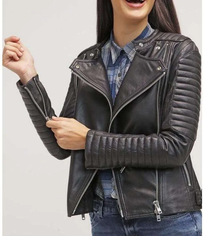 Women Fashion Black Leather Jacket , Lambskin biker style Jacket