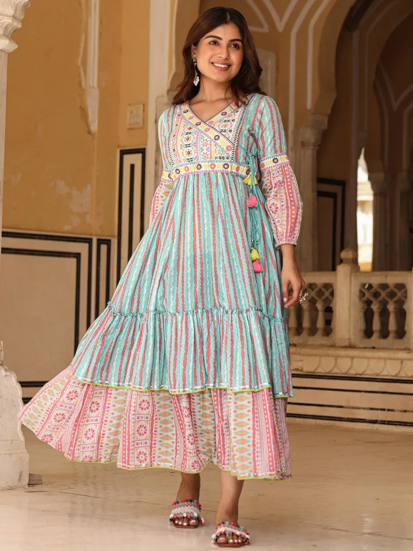 Women Ikat Printed & Embroidered Sky Blue Cotton Voile Tiered Maxi Dress