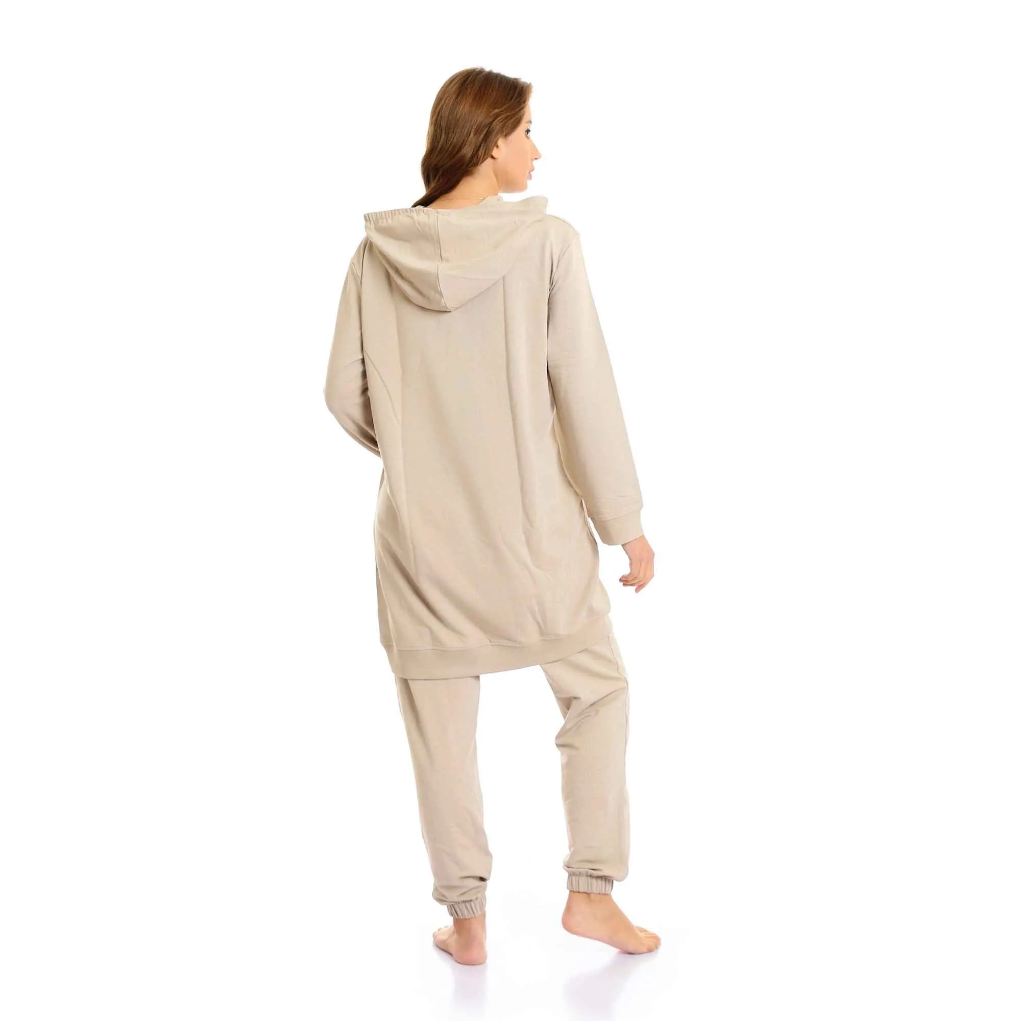 Women Long Hoodie With Hem & Solid Pants Pajama Set - Latte