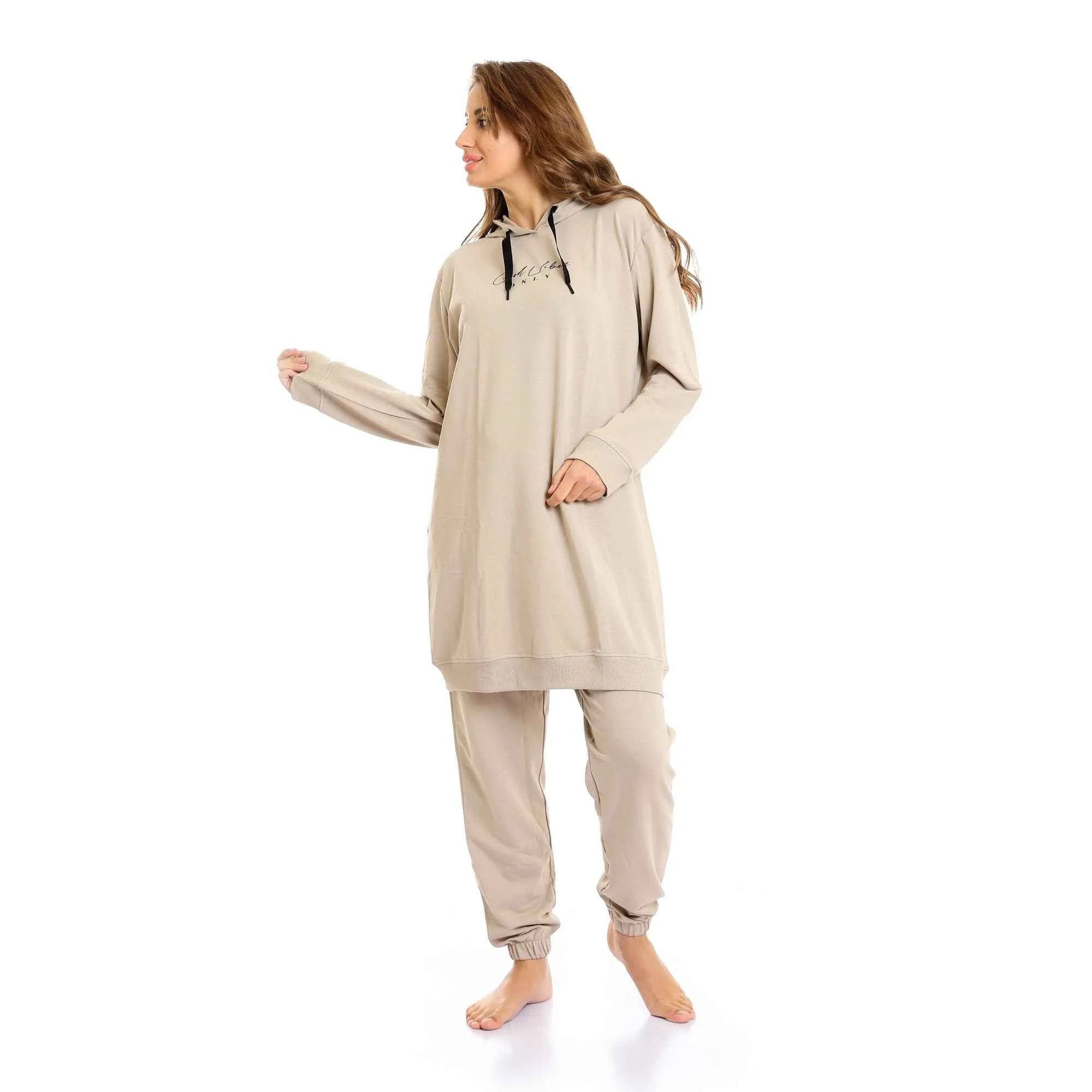 Women Long Hoodie With Hem & Solid Pants Pajama Set - Latte