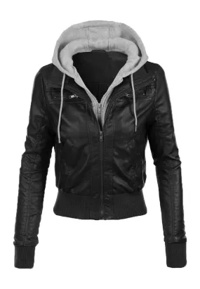 Women's Black Leather Removable Gray Hooded Bomber Jacket