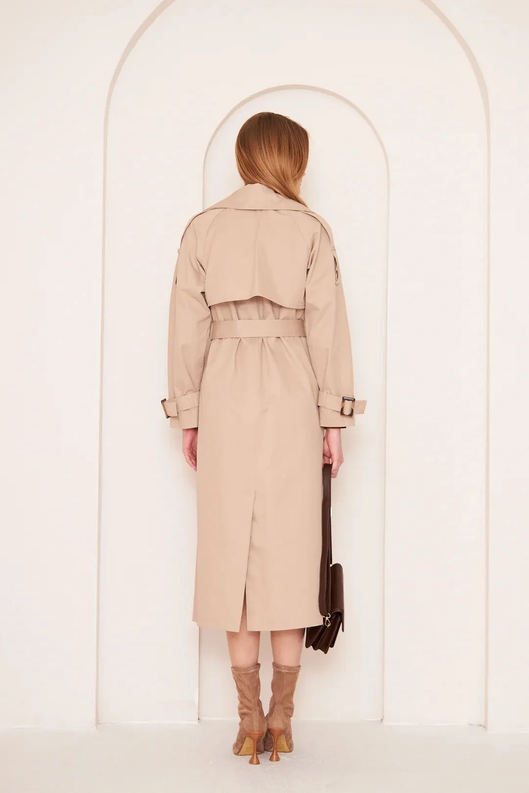 Women's Long Trench Coat with Double Collar Detail - Beige - SCB-W12394