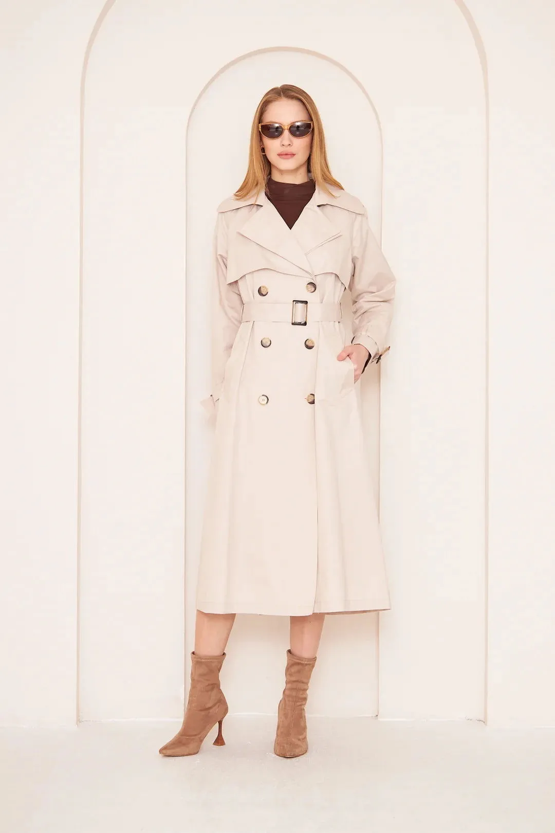 Women's Long Trench Coat with Double Collar Detail - Stone - SCB-W12390