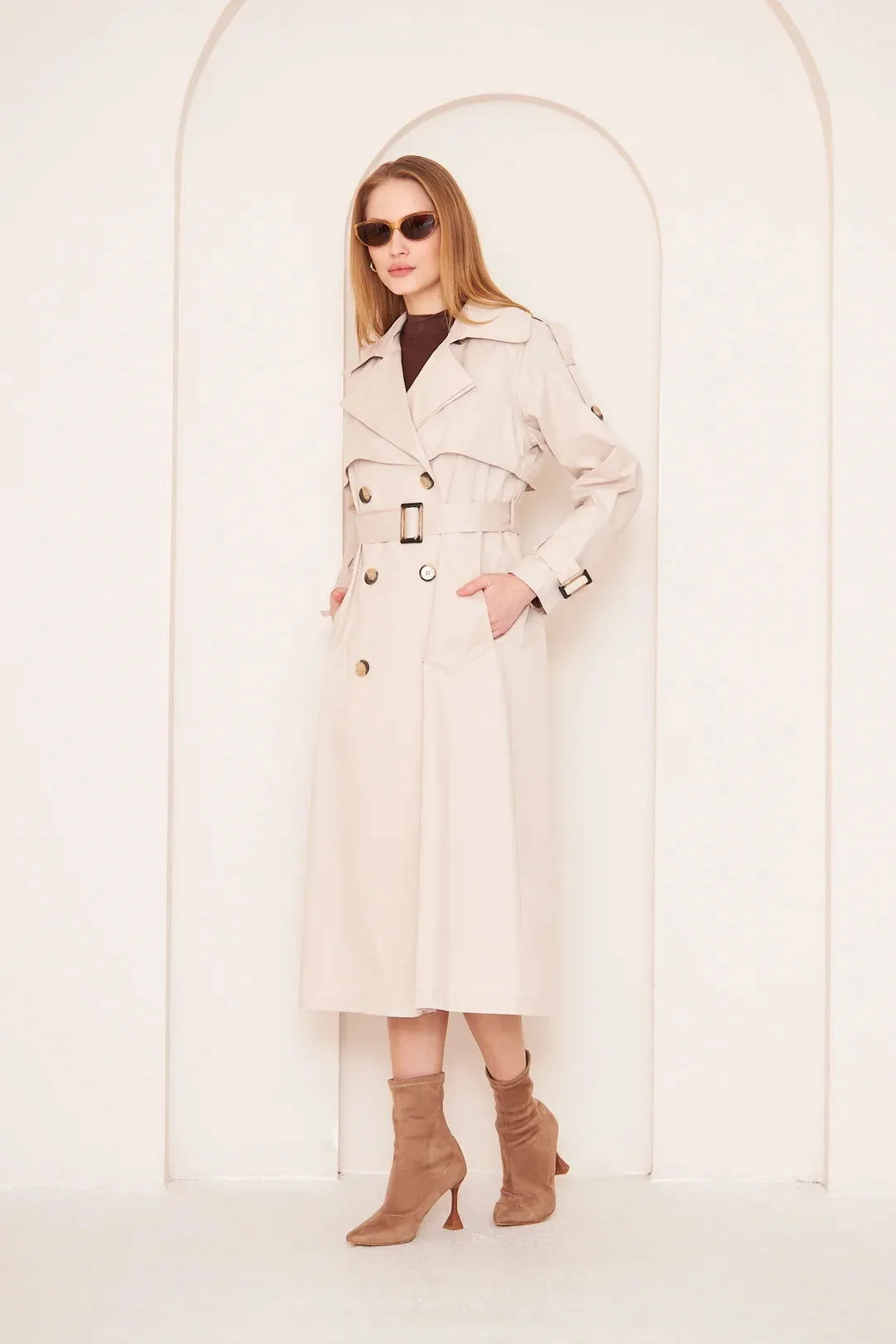 Women's Long Trench Coat with Double Collar Detail - Stone - SCB-W12390