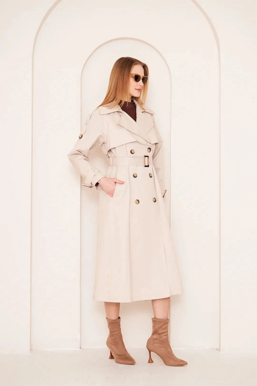 Women's Long Trench Coat with Double Collar Detail - Stone - SCB-W12390