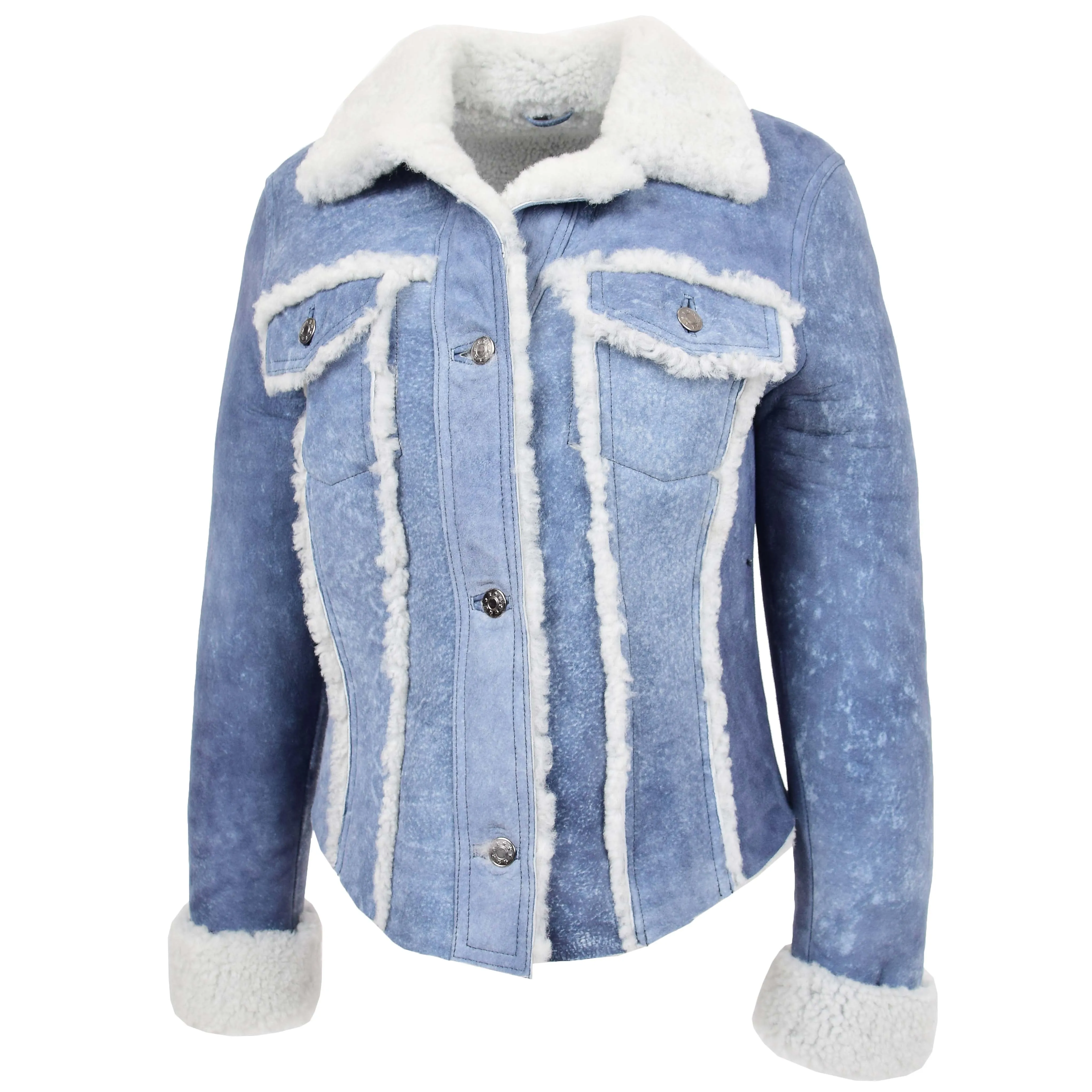 Womens Real Sheepskin Trucker Jacket Kylie Denim Blue