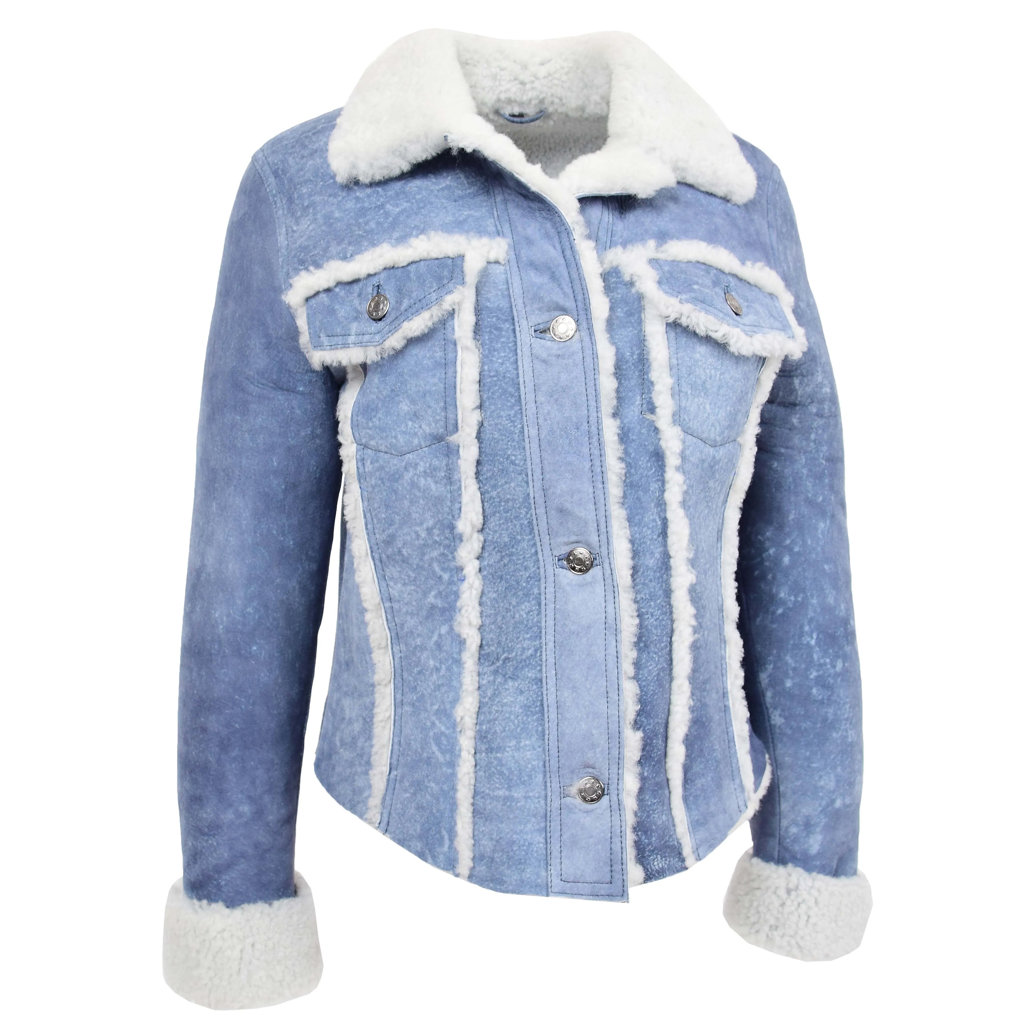 Womens Real Sheepskin Trucker Jacket Kylie Denim Blue