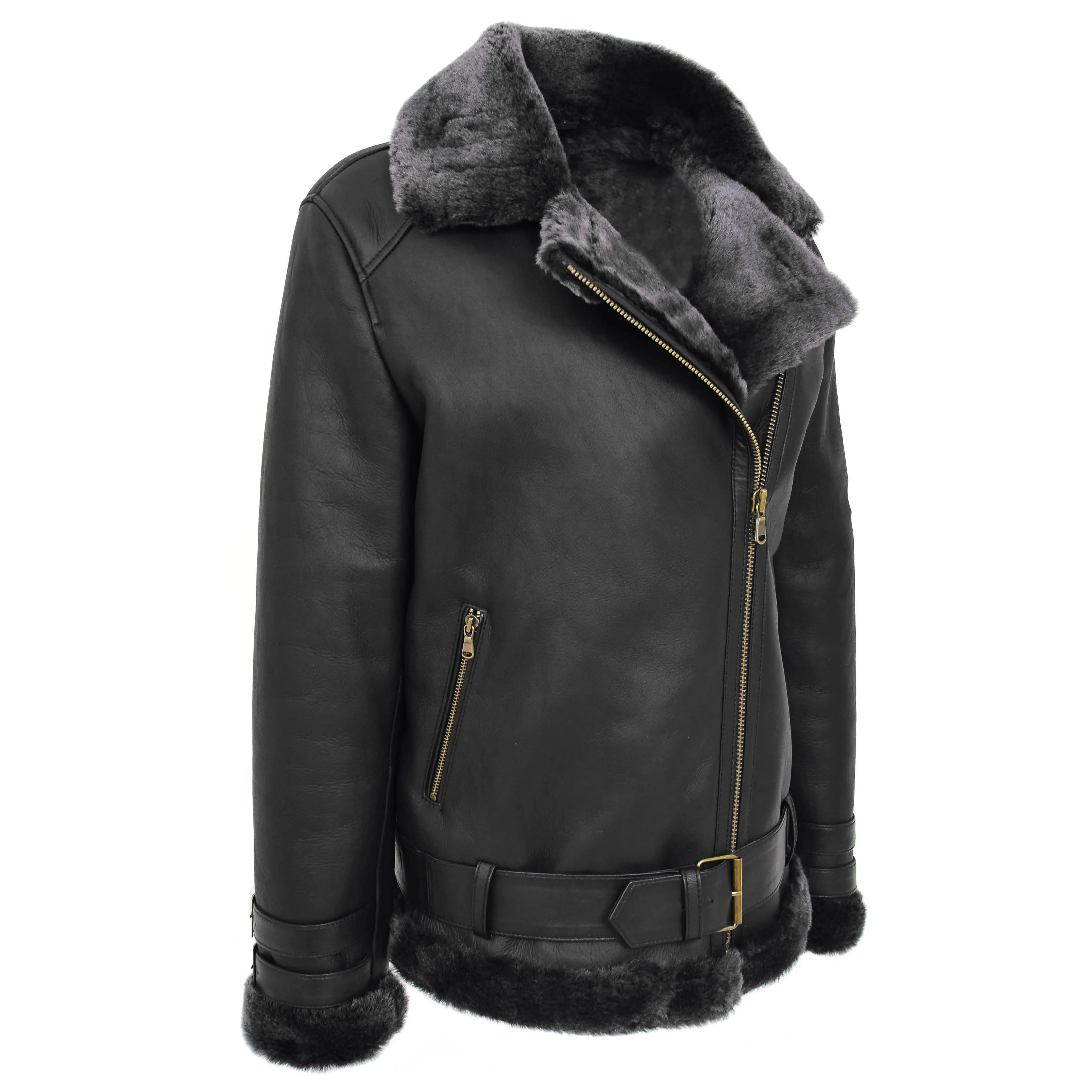 Womens Sheepskin Aviator Cross Zip Pilot Jacket Lena Black