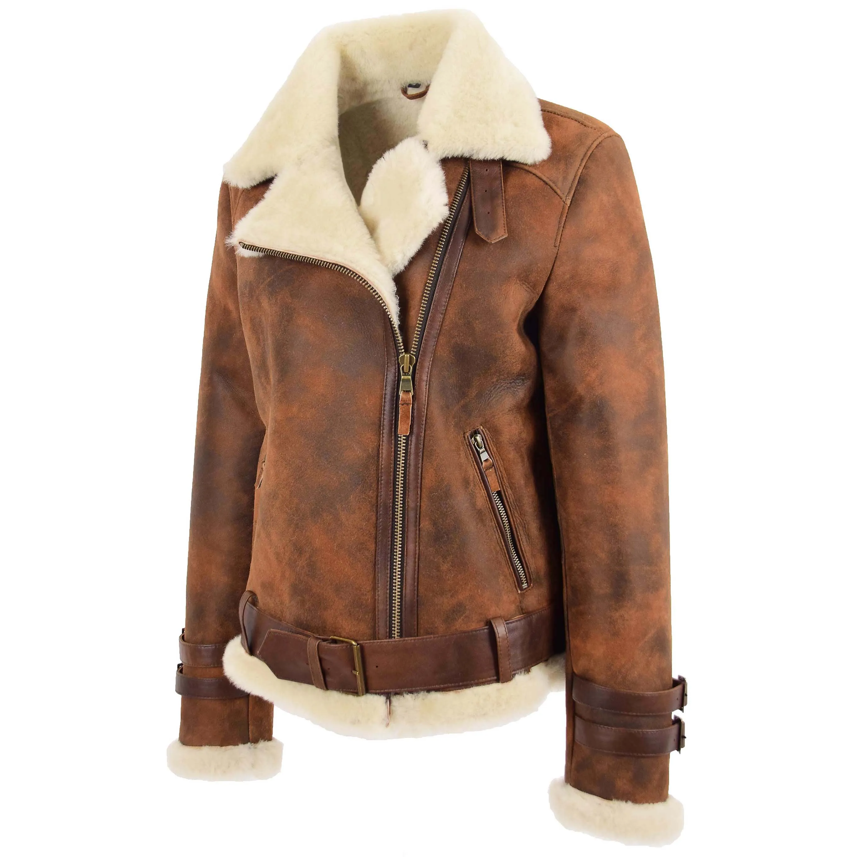 Womens Sheepskin Aviator Cross Zip Pilot Jacket Lena Vintage Brown