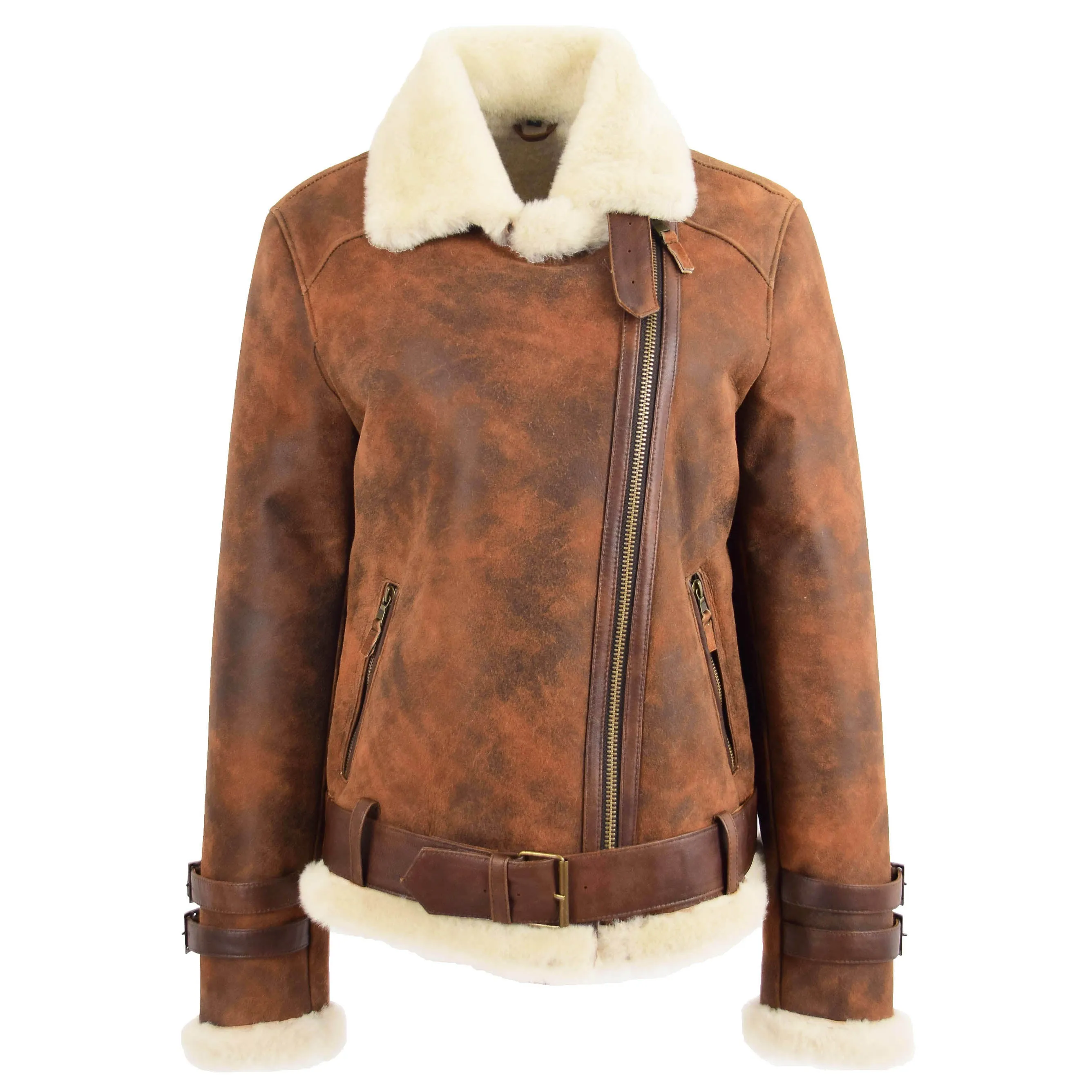 Womens Sheepskin Aviator Cross Zip Pilot Jacket Lena Vintage Brown