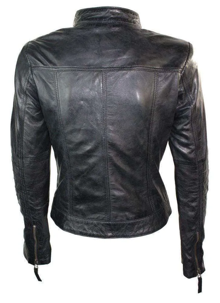 Womens Vintage Style Sheep Leather Slim Fit Biker Retro Black Jacket