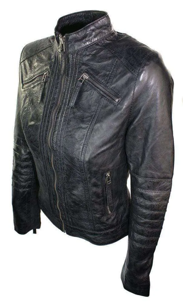 Womens Vintage Style Sheep Leather Slim Fit Biker Retro Black Jacket