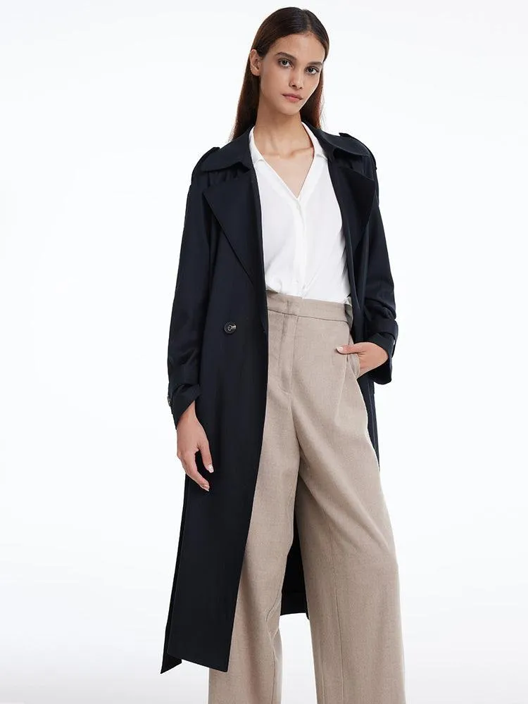 Worsted Wool Trench Double-Breasted Coat