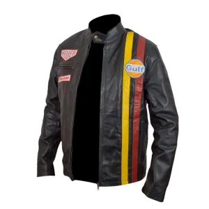 Yellow Red Steve McQueen grand Prix gulf leather Black jacket