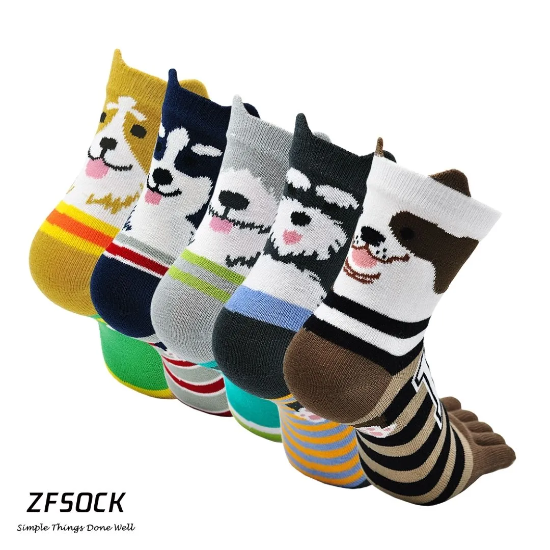 ZFSOCK Cute Dog Design 5 Finger Crew  Socks for Women, 5 Pairs